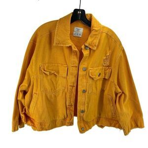 Bershka Women's Ripped Distressed Button-Up Denim Jacket Yellow Size XS